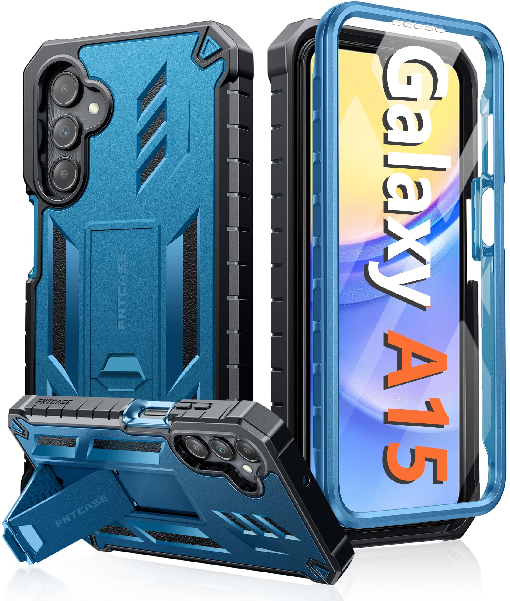 Photo 1 of FNTCASE for Samsung Galaxy A15-5G Case: Military Grade Drop Proof Protection Phone Cover with Kickstand | Heavy Duty Rugged Full Body Protective Shockproof Matte Textured TPU Cases - 6.5 Inch (Blue)