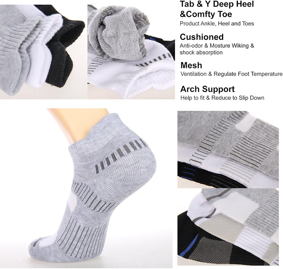 Cooplus Mens Ankle Socks Athletic Cushioned Breathable Low Cut Tab With Arch Support-6Pairs at  Men’s Clothing store