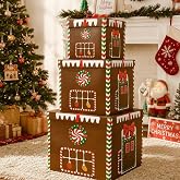 3 Pcs Christmas Nesting Gift Boxes with Lids, Gingerbread House Gift Boxes | Candy Cane Christmas Stacking Boxes, Xmas Square Cardboard Decorative Boxes, for Present Wrapping Holiday Party Decor