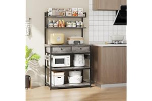 Mexin Bakers Rack with Power Outlets, 5-Tier Microwave Oven Stand with 2 Drawers, Kitchen Stand Coffee Bar Table with Storage, Heavy Duty Kitchen Shelves(Grey)