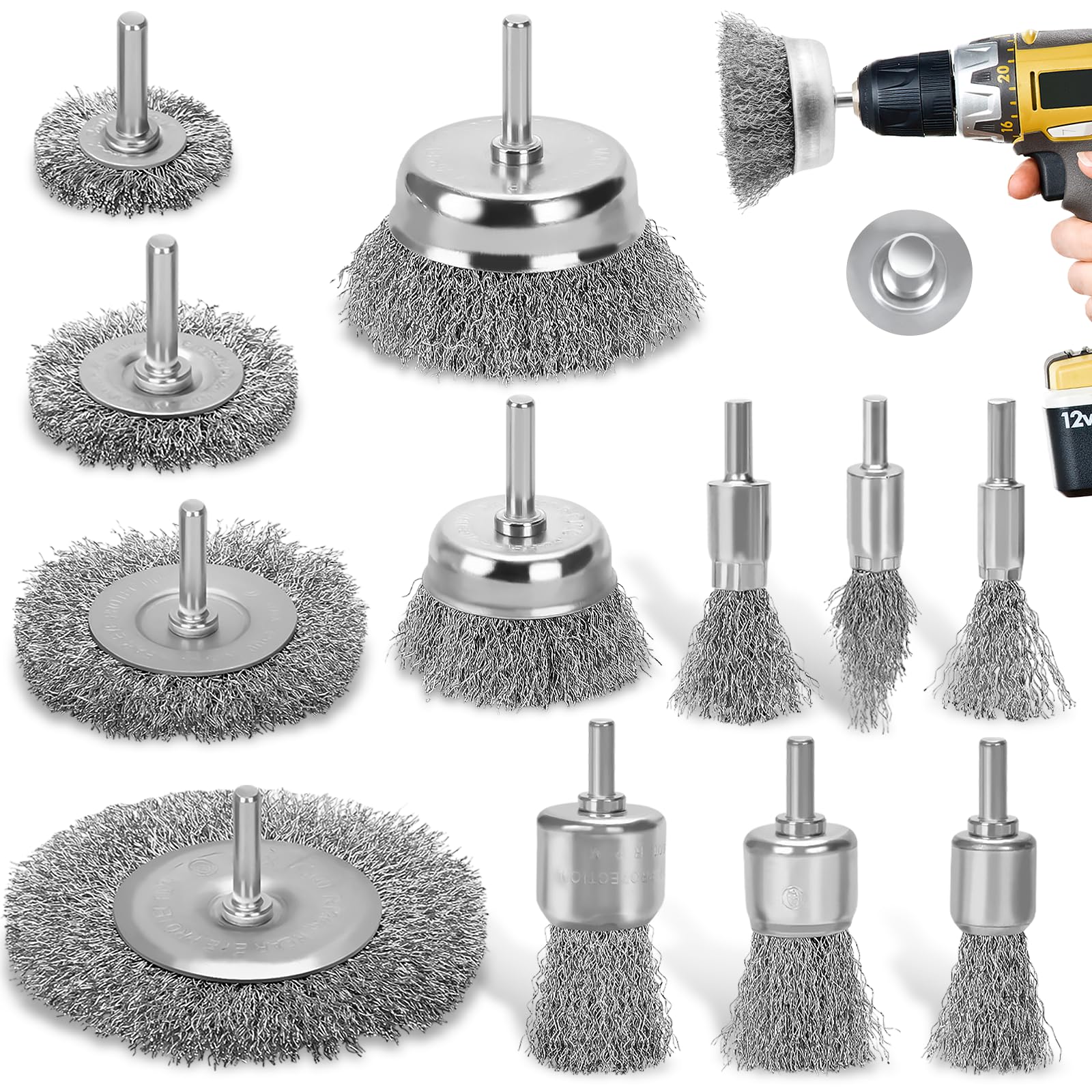 DazSpirit 12 pcs Wire Brushes for Drills Set, Brass Coated Wire Wheel & Cup Brush with 1/4-Inch Drill Wire Brush Attachment for Rust Removal, Stripping, and Abrasive