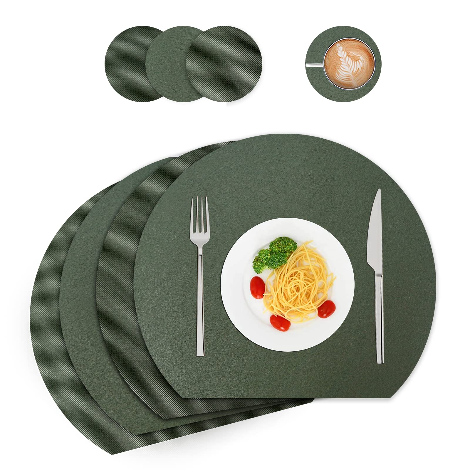 WAKOSAN Leather Placemats and Coasters, Washable Round, Place Mats for Kitchen Dining Table, Set of 4 (Semicircle, Green)
