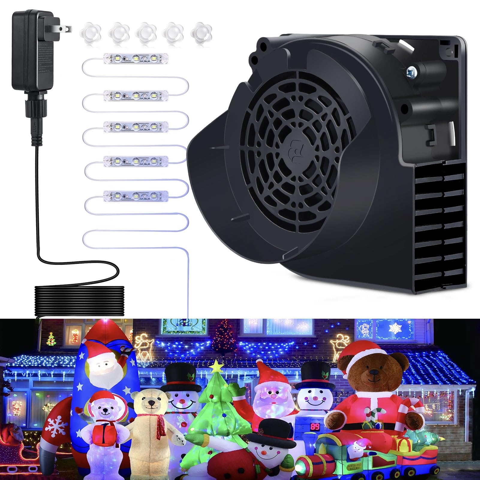 Photo 1 of Inflatable Replacement Blower 12V 1.2A Replacement Fan Motor with 5 LED Light Strings for Halloween Inflatable Costume Christmas Yard Inflatable Blow to 16.4FT Outdoor Holiday Inflatables Decoration