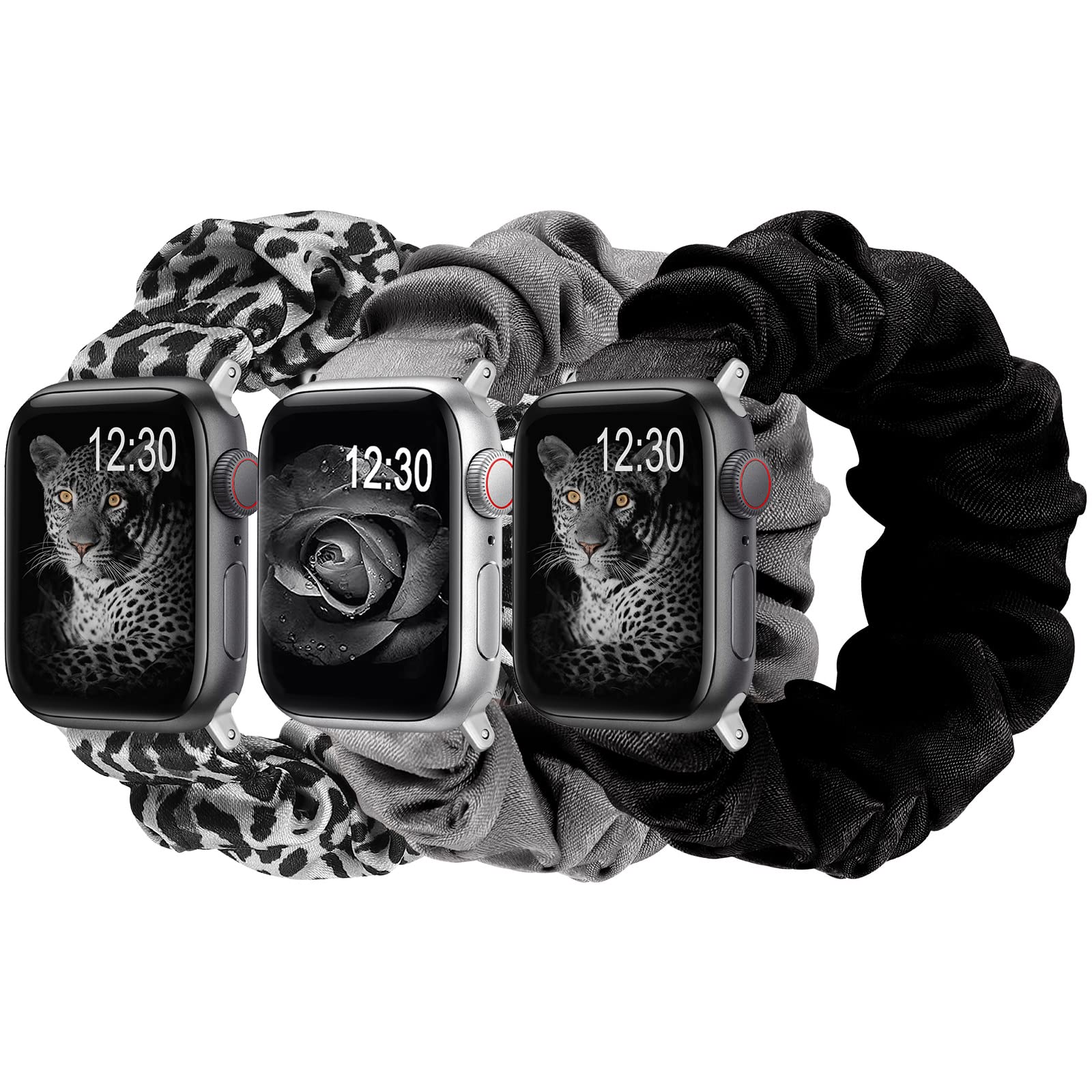 Wearlizer Pack 3 Compatible with Scrunchie Apple Watch Strap 41/40/38/42mm, Cloth Soft Pattern Printed Fabric Replacement Bands for iWatch Series SE 11 10 9 8 7 6 5 4 3 2 1 (B-Leopard/Gray/Black, S/M)
