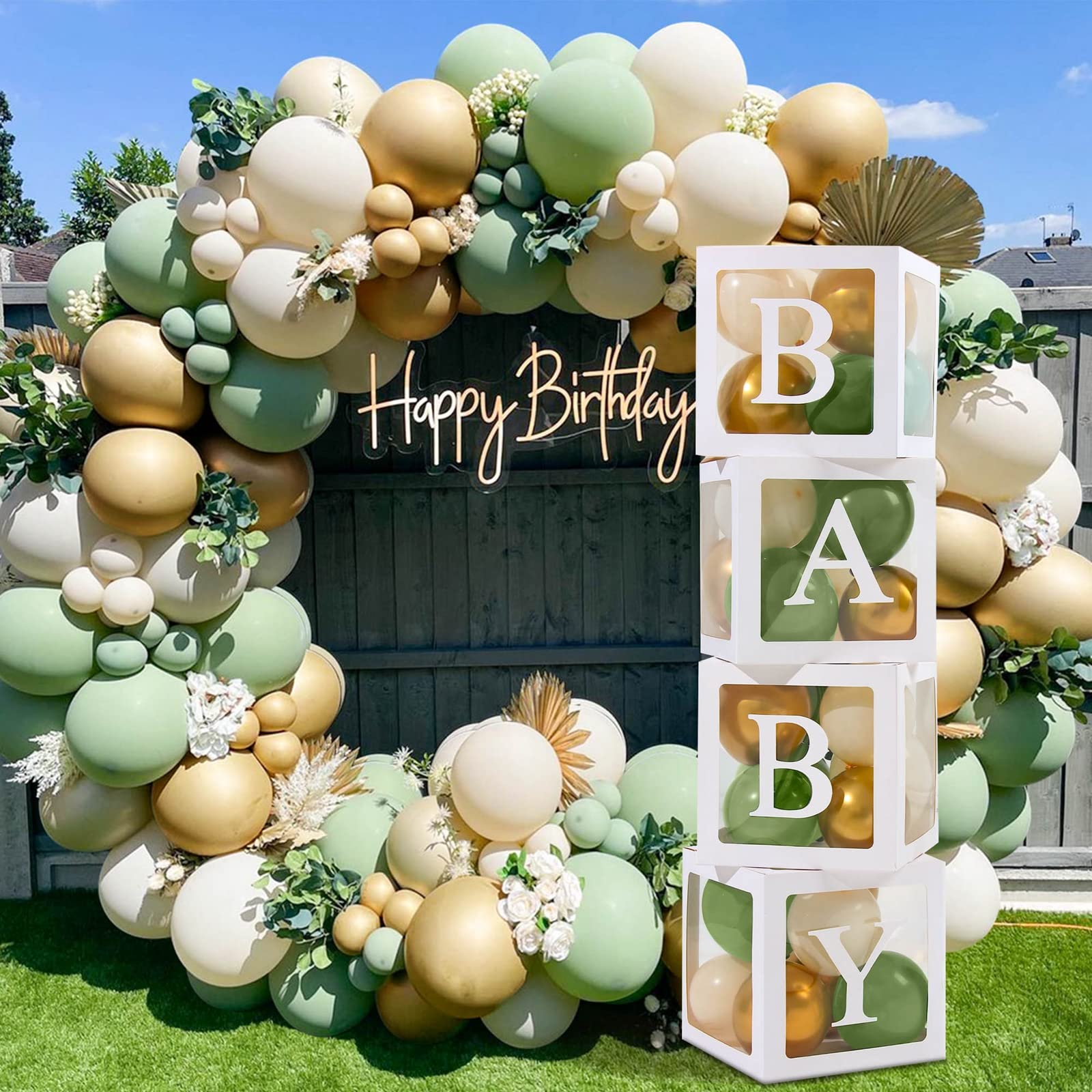 QIFU Green and Gold Baby Shower Decorations, 4pcs Babyshower Balloon Boxes and 112pcs Sage Green Baby Shower Balloon Arch for Woodland Baby Shower Decoration Neutral Gender Reveal Boy Girl Christening