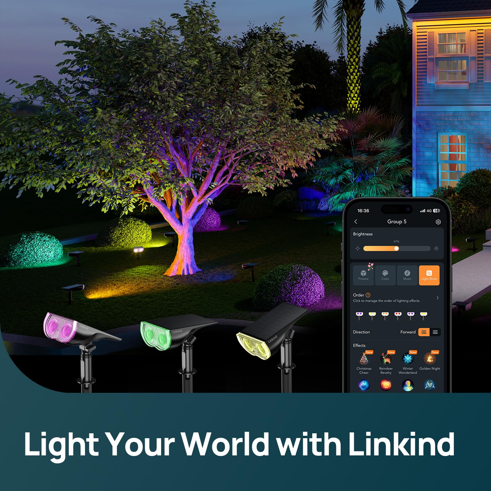 Linkind Smart Solar Spot Lights Outdoor SL5C, Solar Lights Outdoor Spotlight Color Changing APP/Voice Control Landscape Lighting, IP67 Christmas Halloween Decorations for Yard, Garden, Pathway(2 Pack)