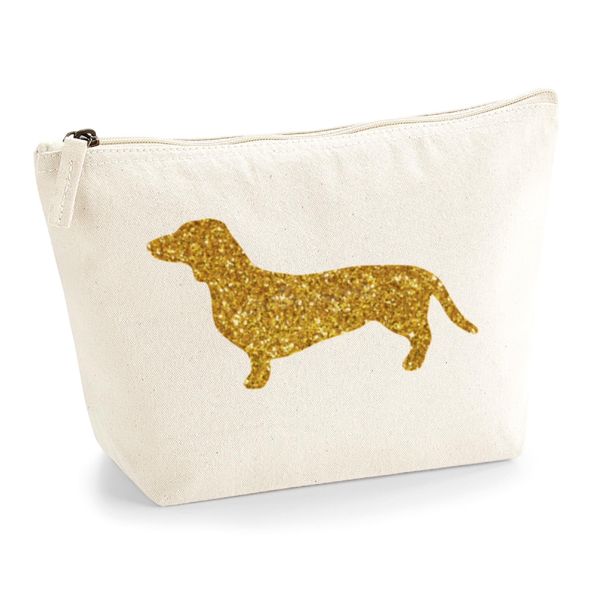 Dachshund Makeup Bag – Natural Cotton Canvas Cosmetic Pouch with Gold Glitter Sausage Dog Design – Gift for Dog Lovers & Dachshund Owners – Zippered Storage Bag for Toiletries & Travel