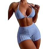 COZYEASE Women's 2 Piece Swimsuits Halter Triangle Top with High Waisted Shorts Bathing Suits Bikini Sets