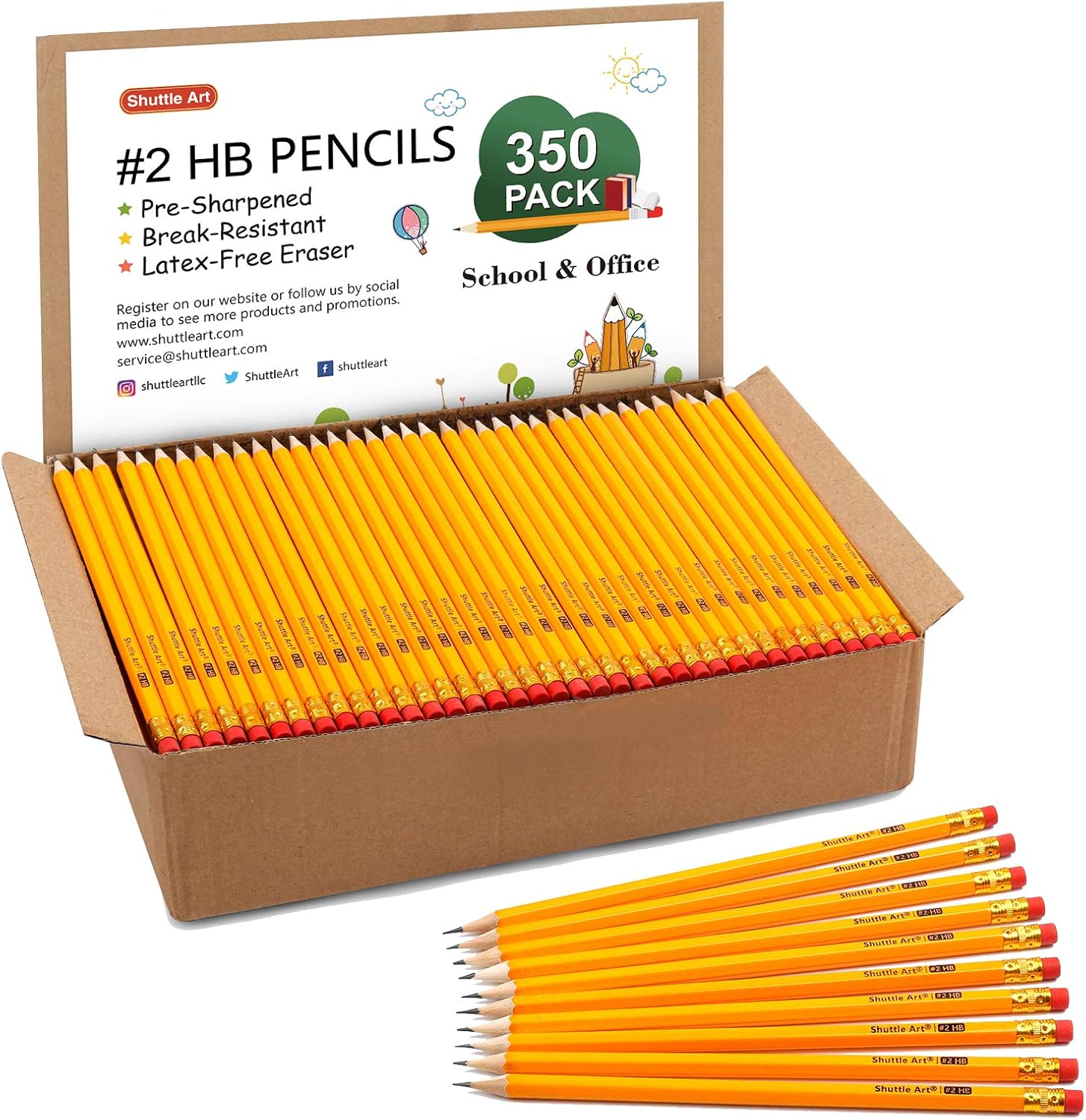 Shuttle Art Wood-Cased #2 HB Pencils, 350 Pack Sharpened Yellow Pencils with Erasers