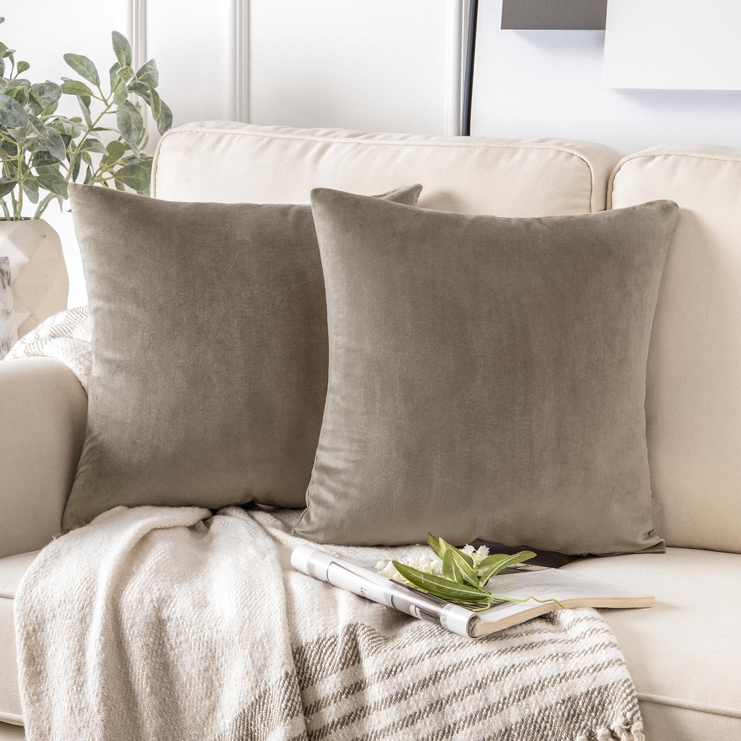 Photo 1 of Phantoscope Pack of 2 Velvet Decorative Throw Decorative Pillow Cover Soft Solid Square Cushion Case for Couch Taupe 20 x 20 inches 50 x 50 cm
