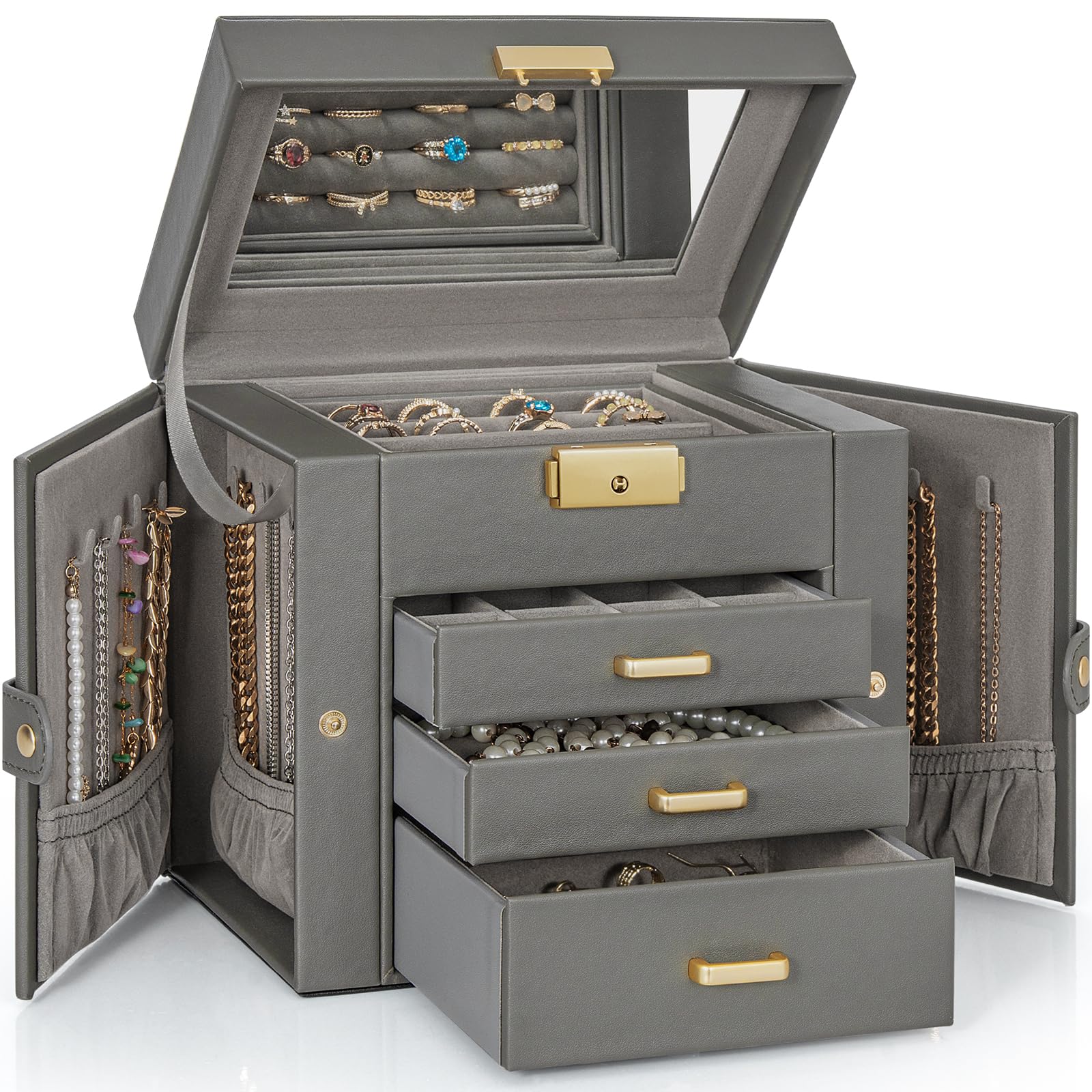 Photo 1 of AKOZLIN 4-Tier Jewelry Box Leather Jewelry Storage Organizer with 3 Drawers Lockable for Women Girls Ring Necklace Earring Bracelet Holder with Mirror Dark Grey