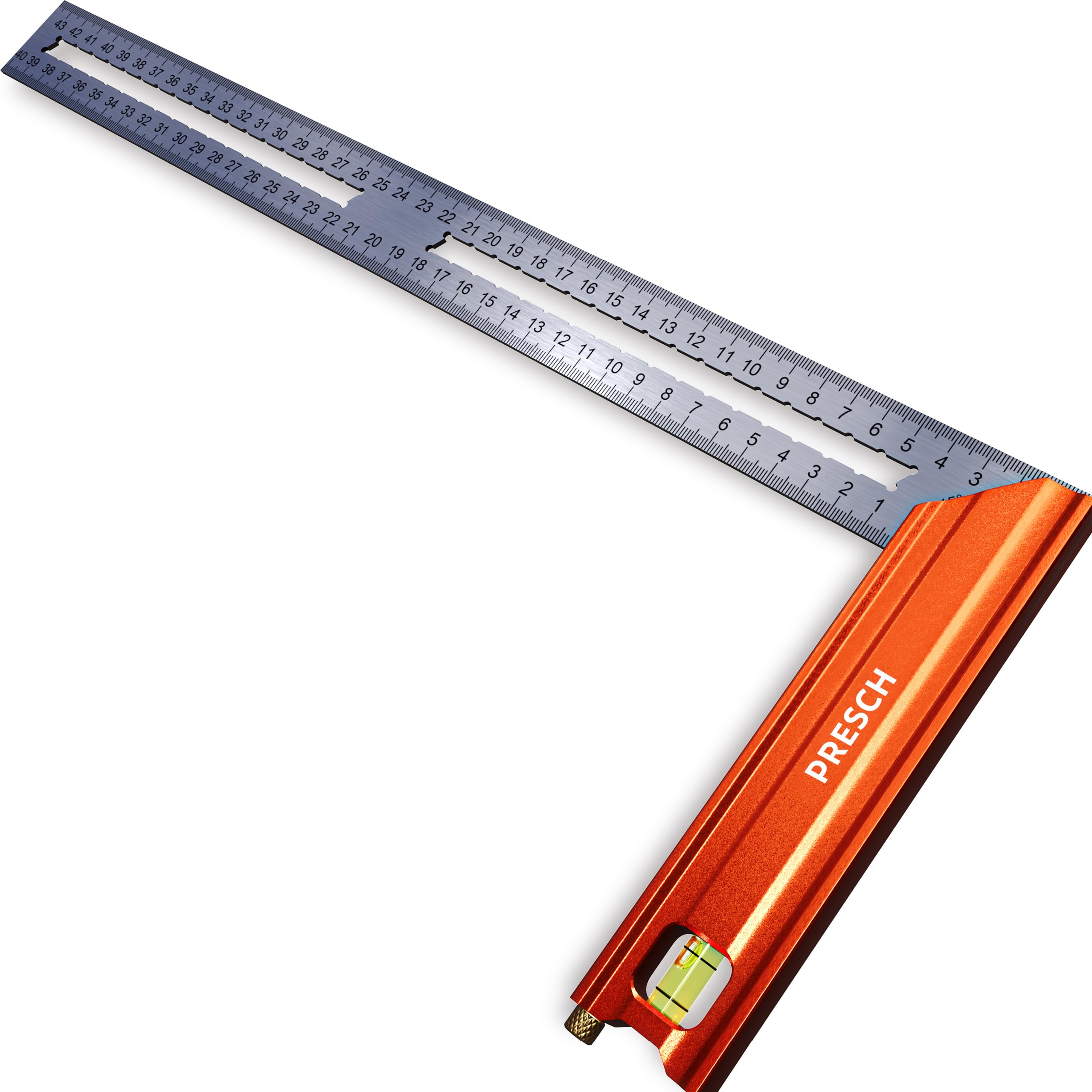 Presch Try Square 400 mm | Large | Includes rust-free marking gauge (40cm), level bubble & marking pin | 90° & 45° | Carpenters square, Precision Square, Joiners Square, Engineers Square