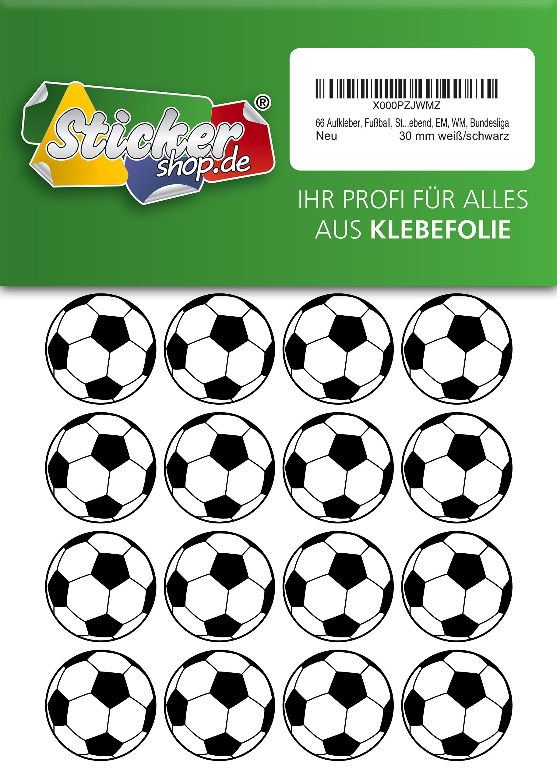 66 PVC Sticker, Football sticker, 30 mm, white/black – Printed Film, Self-Adhesive Em Wm Bundesliga