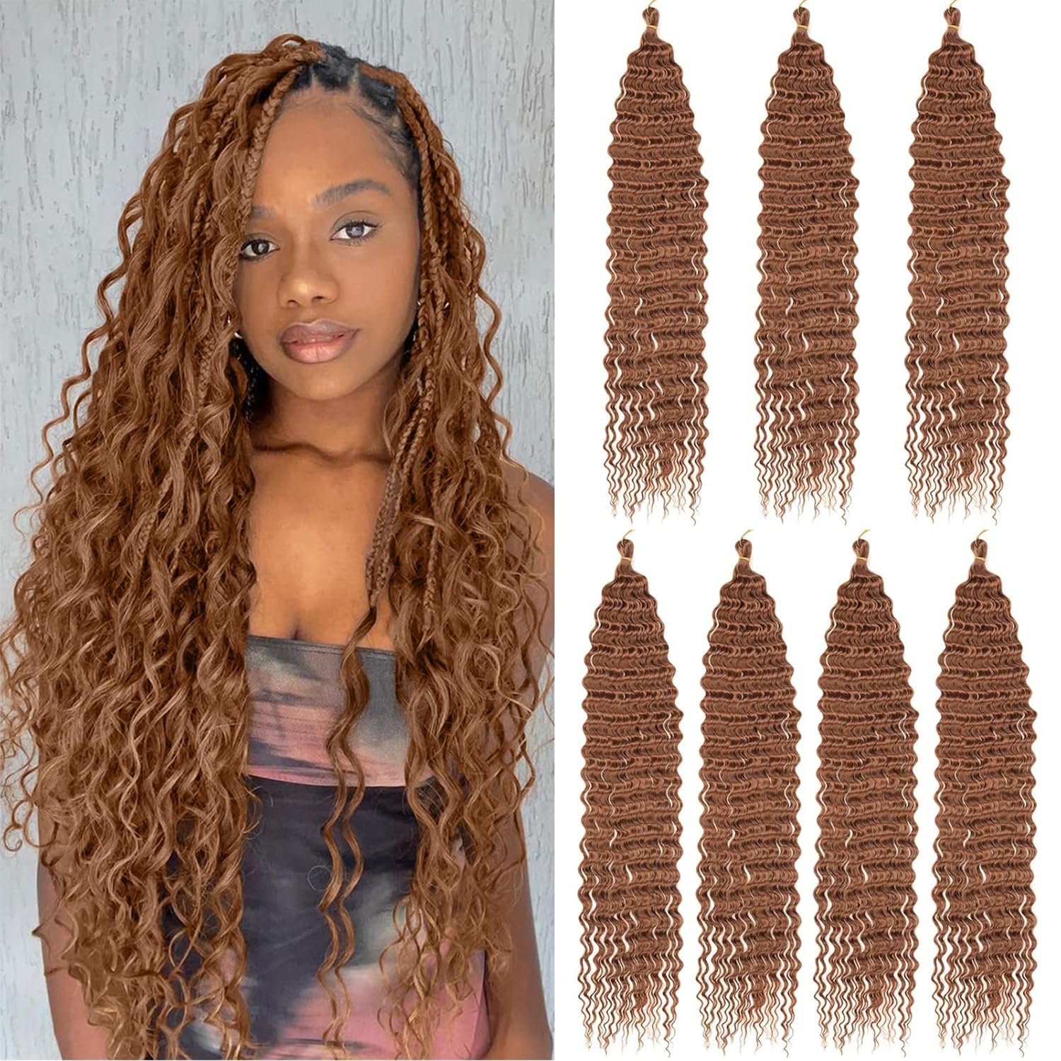 Mscat 24 Inch Ocean Wave 7Pack Crochet hair Extexsions Long Braids Brown Deep wave Synthetic hair Curly Braiding hair for Black Women 30#