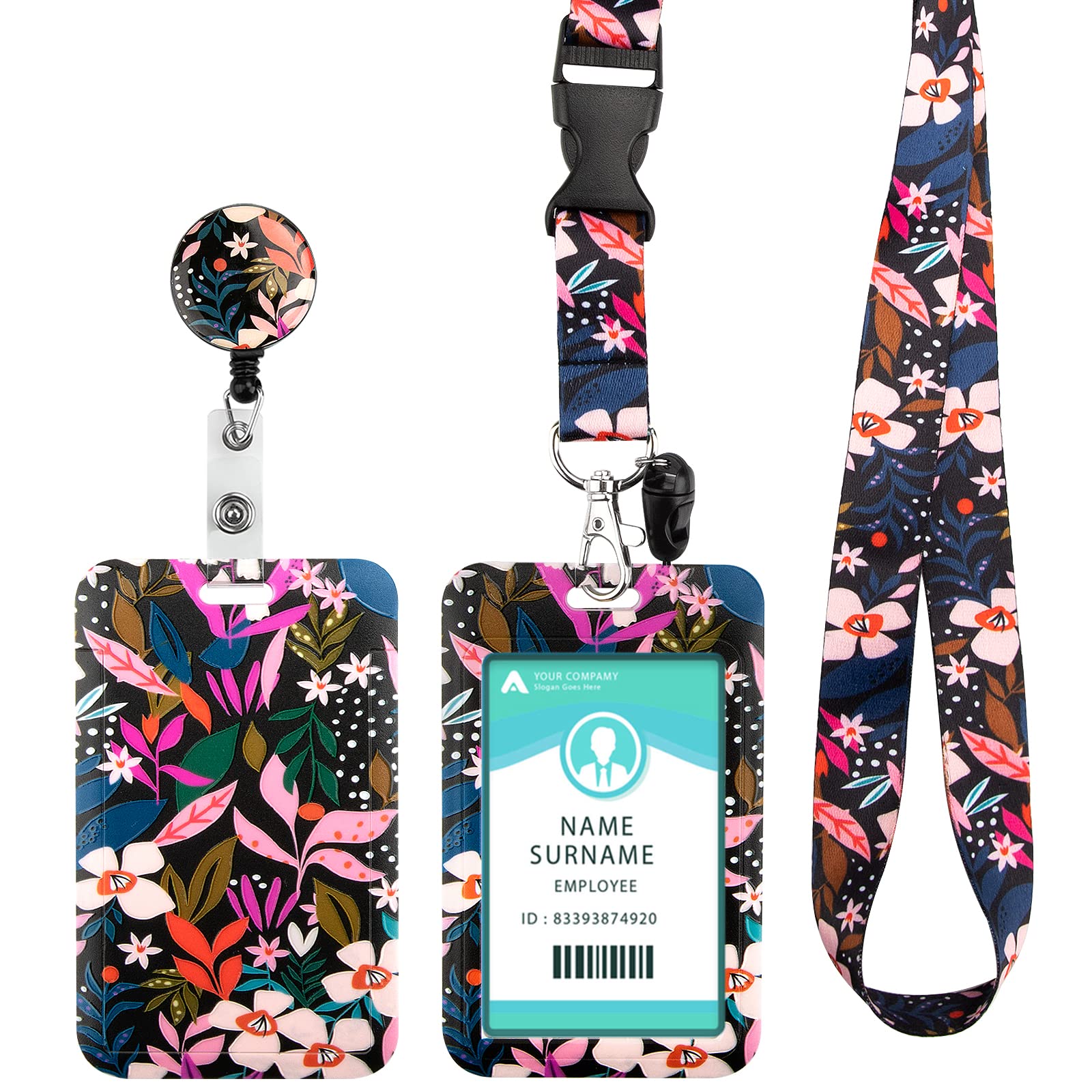 Lanyard with Card Holder, Adjustable Retractable Lanyards ID Badge Holder, for ID Card, Office, School(Pink Flower)
