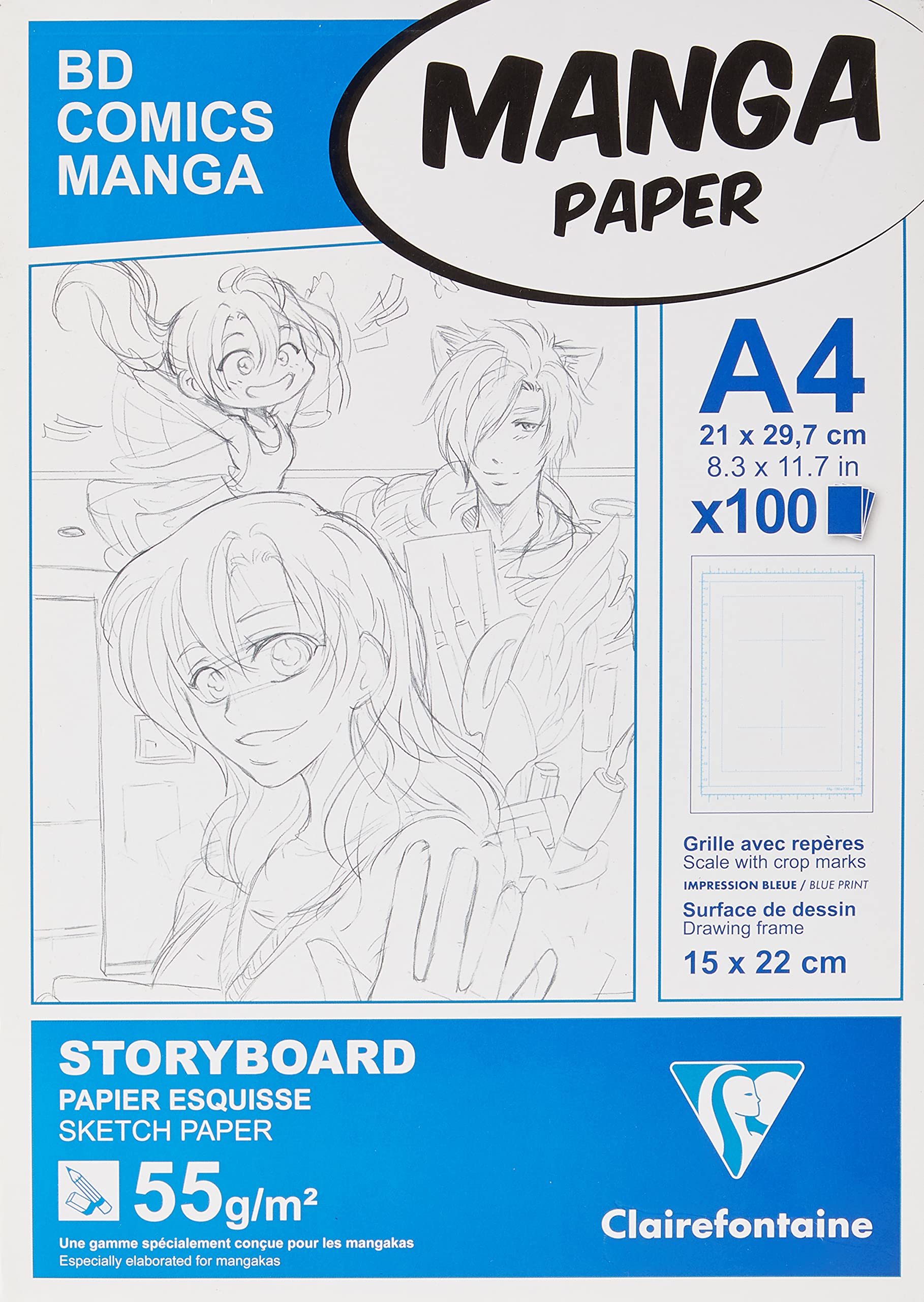 Clairefontaine - Ref 94038C - Manga Storyboard Glued Pad (100 Sheets) - A4 (297 x 210mm) Size, 55gsm Paper, White & Smooth, Ideal for Markers, Bleedproof