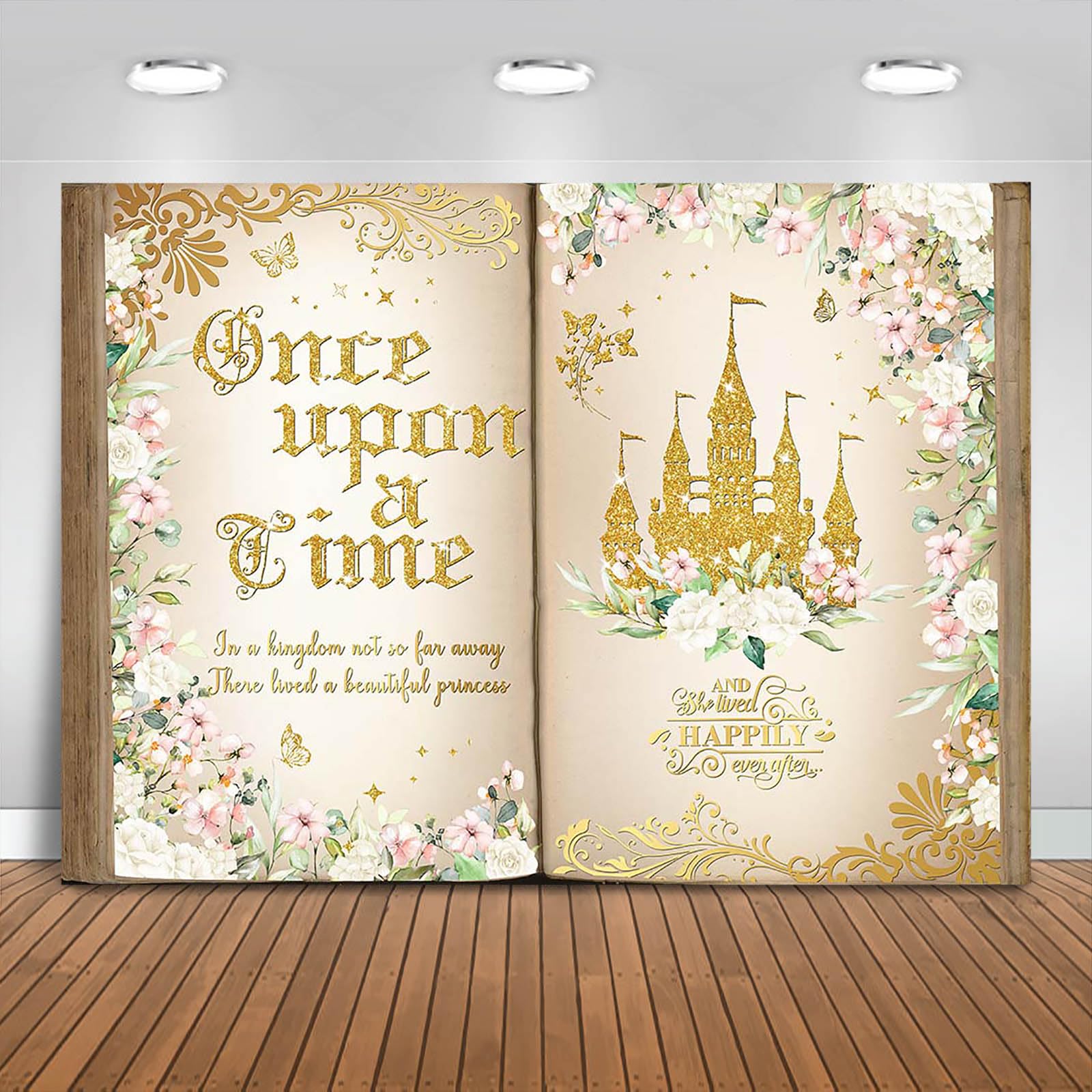 Photo 1 of Fitumiw Once Upon a Time Backdrop 10x7ft Pink Floral Gold Castle Princess Fairy Tale Book Birthday Background Party Decorations for Girl Opening Magic Book Romantic Story Wall Decor Banner