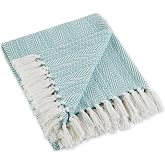 DII Herringbone Striped Cotton Throw Blanket, 50x60 with 2.5" Fringe, Aqua