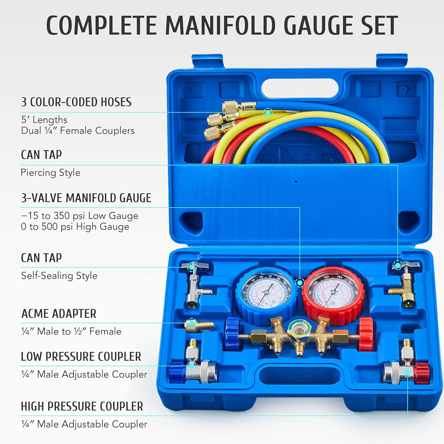 Orion Motor Tech AC Gauges, AC Manifold Gauge Set for R134a R12 R502 Refrigerant, 3 Way Car AC Gauge Set with 5FT Hoses Couplers & Adapter, Puncturing & Self Sealing Can Tap Freon Charge Kit: Automotive