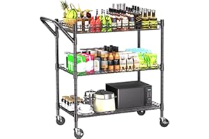 REGILLER 3 Tier Heavy Duty Rolling Utility Cart,18" D x 30" W x 36.6" H Rolling Carts with Wheels,Commercial Grade Metal Cart with Handle Bar & Shelf Liner,Trolley Serving Storage Cart for Kitchen Black
