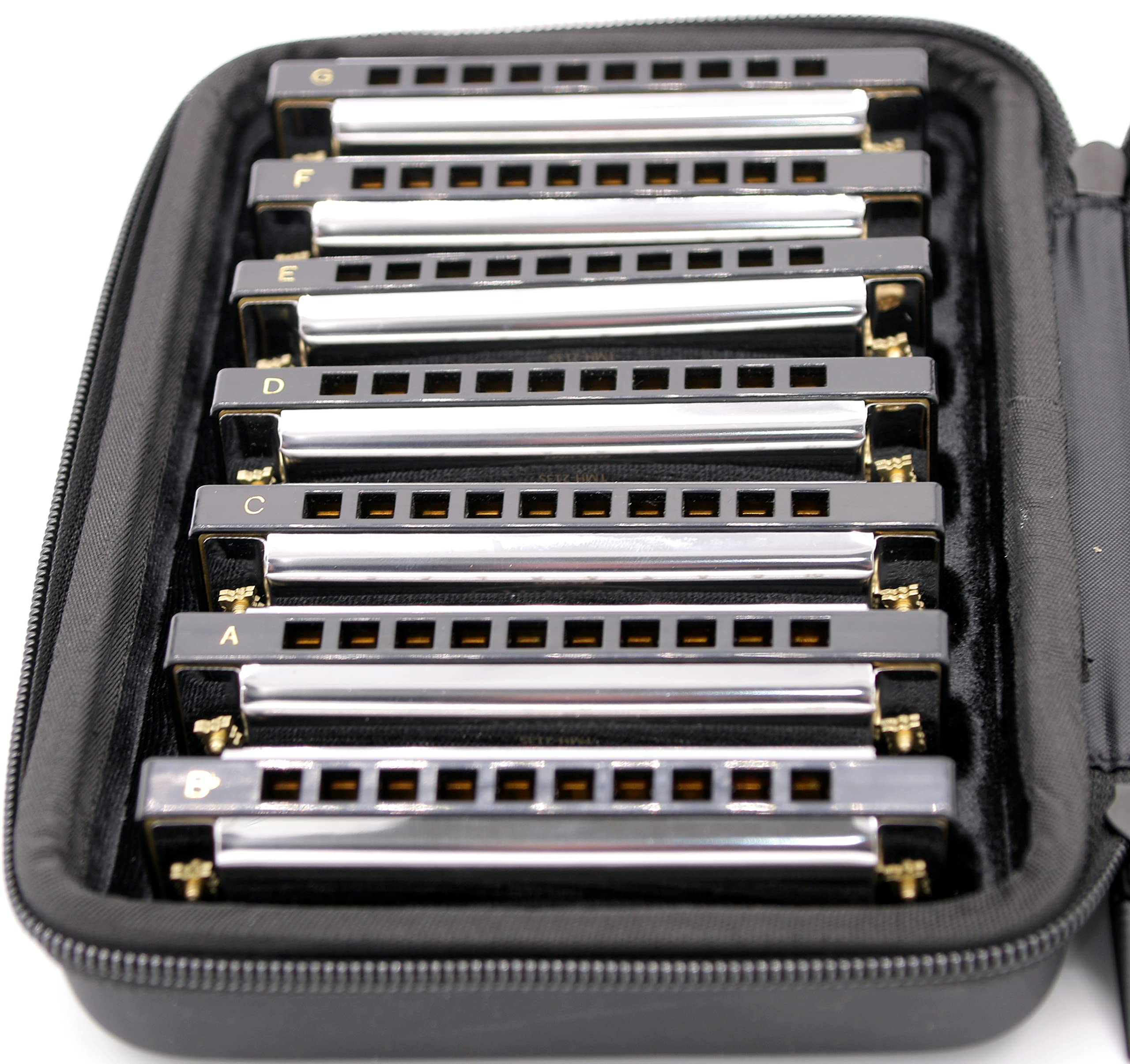 Tuyama® Harmonica Set 7 Harmonicas/Mouth Harps in Robust Case - Different diatonic Scales: C-D-E-F-G-A-Bb Major - Blues Harps/Mouth Organs 10 holes