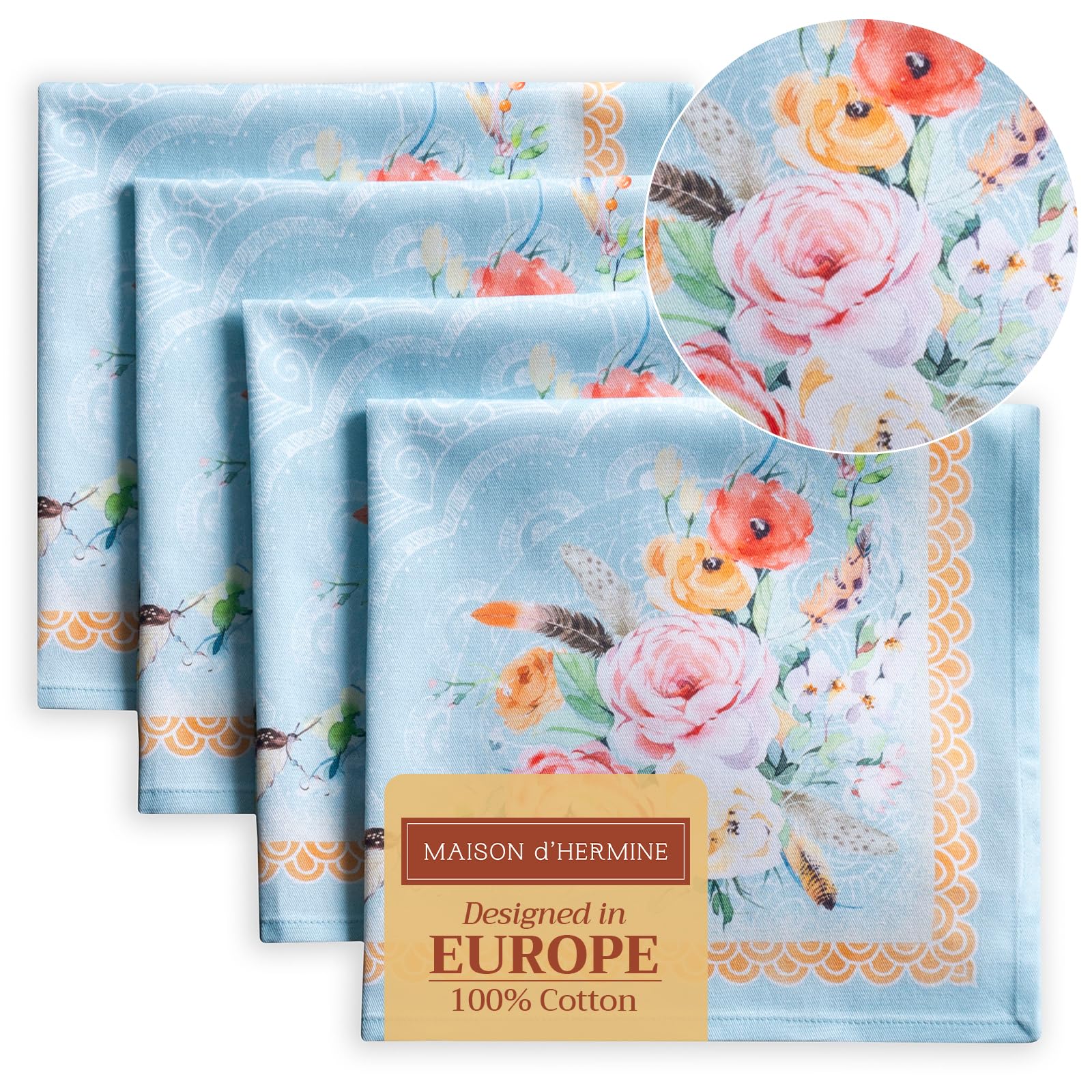 Maison d' Hermine Cloth Napkins Set of 4 100% Cotton Everyday Reusable Square Napkins Cloth Washable Dinner Party Wedding Restaurant Gifts for Mothers Day (Ibiza - Blue, 45 CM x 45 CM)