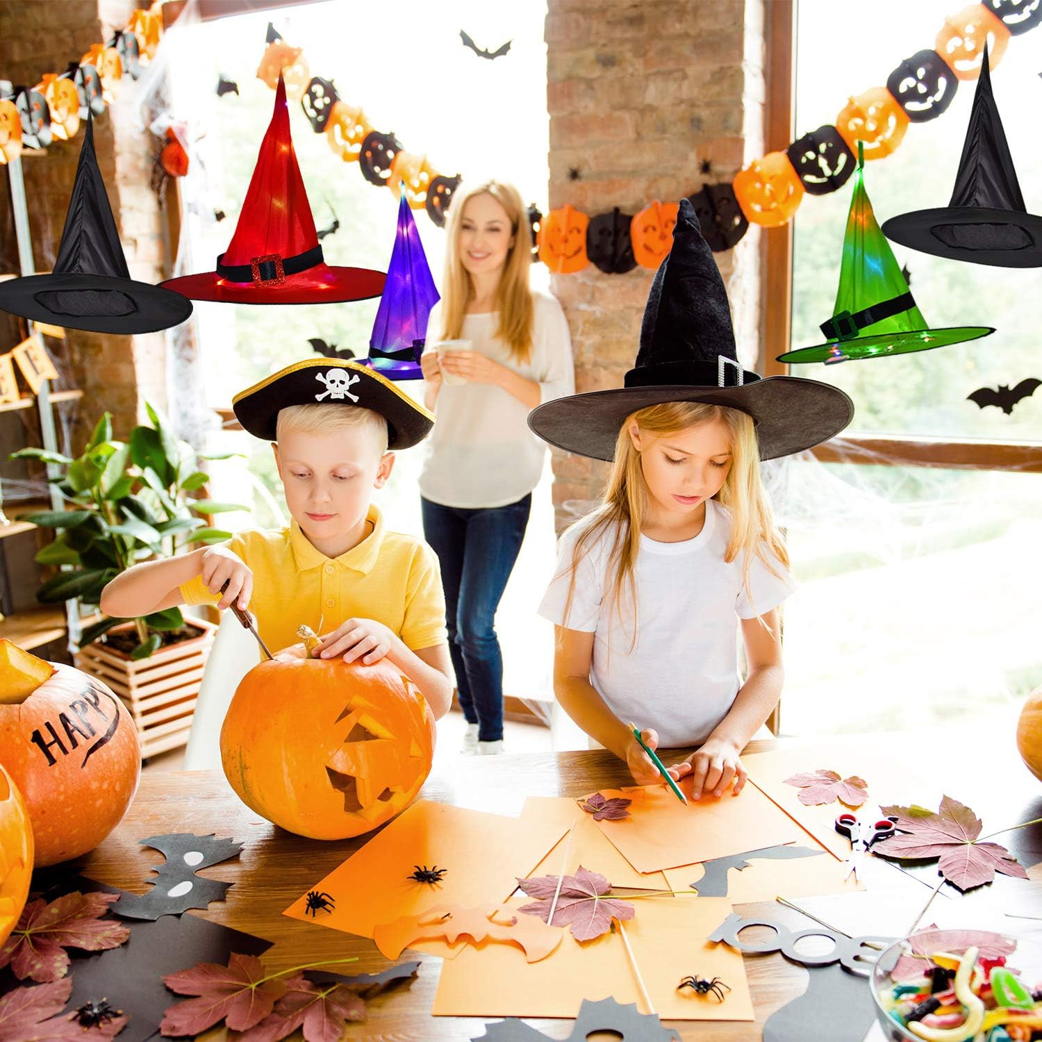 12 Pieces Halloween LED Lighted Witch Hats Hanging Decoration Hat Set, Glowing Witch Hats Halloween Party Lighting Hats Button Battery Powered for Tree Yard Garden: Home Improvement