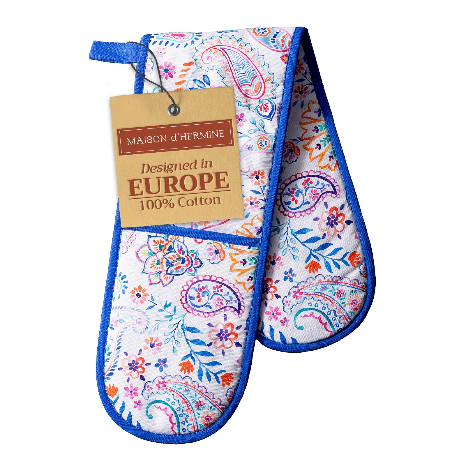 Maison d' Hermine Double Oven Mitts 100% Cotton 18 cm x 89 cm Double Oven Mitt Heat Resistant BBQ Cooking Gloves with Loop Baking Grilling Handling Hot Pans Gifts for Mothers Day (Indian Floral)