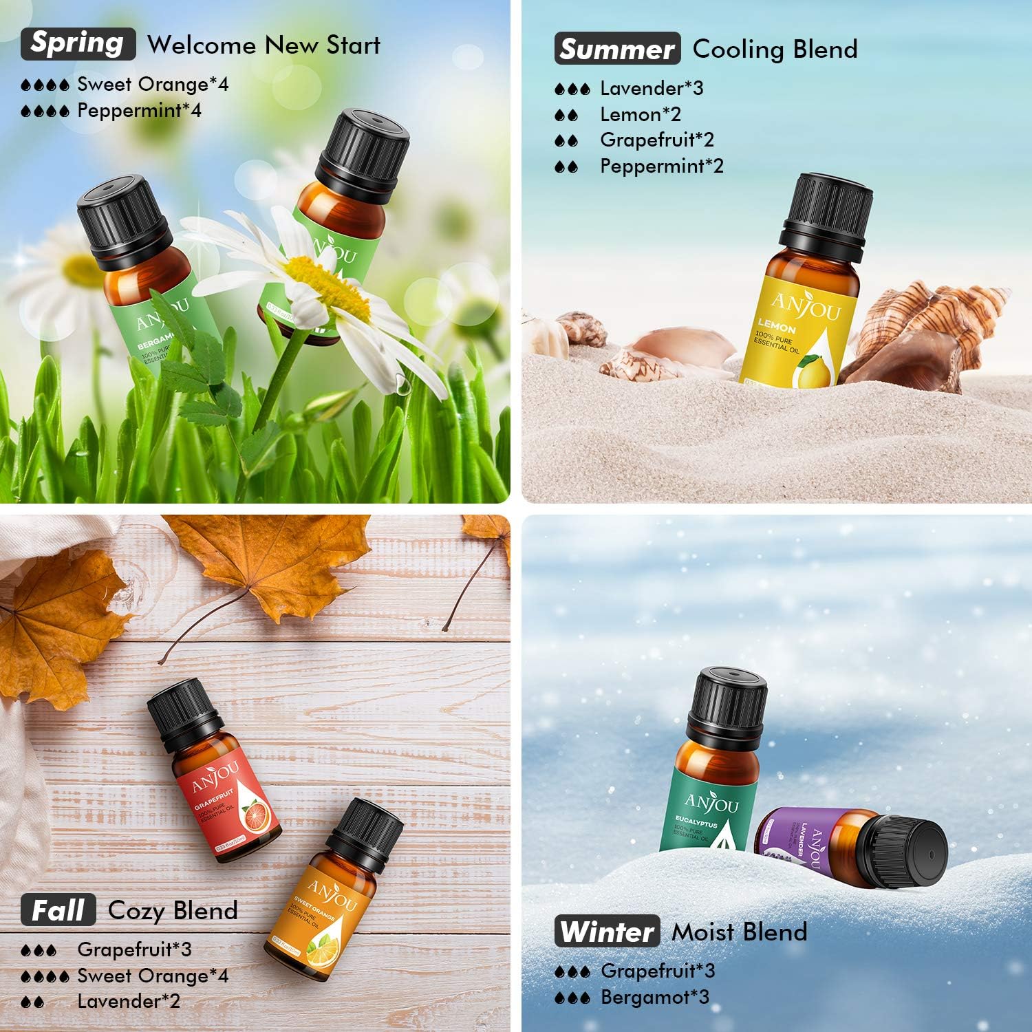 Essential Oils Set - Anjou 14 x10ml Aromatherapy Essential Oil Large Pure & Therapeutic Grade for Diffuser, Humidifier, Massage, Skin Hair Care Air Freshener Incl.Peppermint Eucalyptus Tea Tree: Health & Personal Care