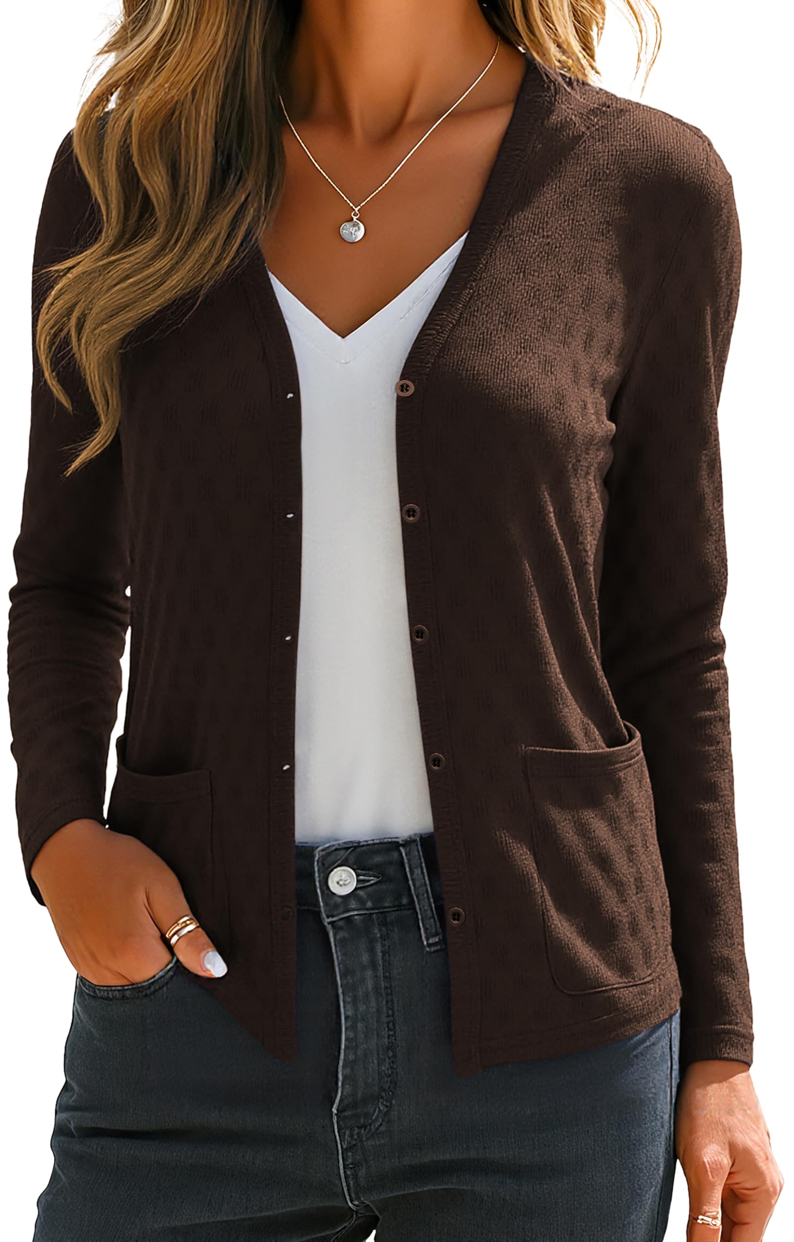 Photo 1 of (LARGE) (USED/FAIR) VIISHOW Women's Long Sleeve V-Neck Button Up Cardigan Fall Winter Loose Casual Chunky Knit Cardigans with Pockets Coffee, Large