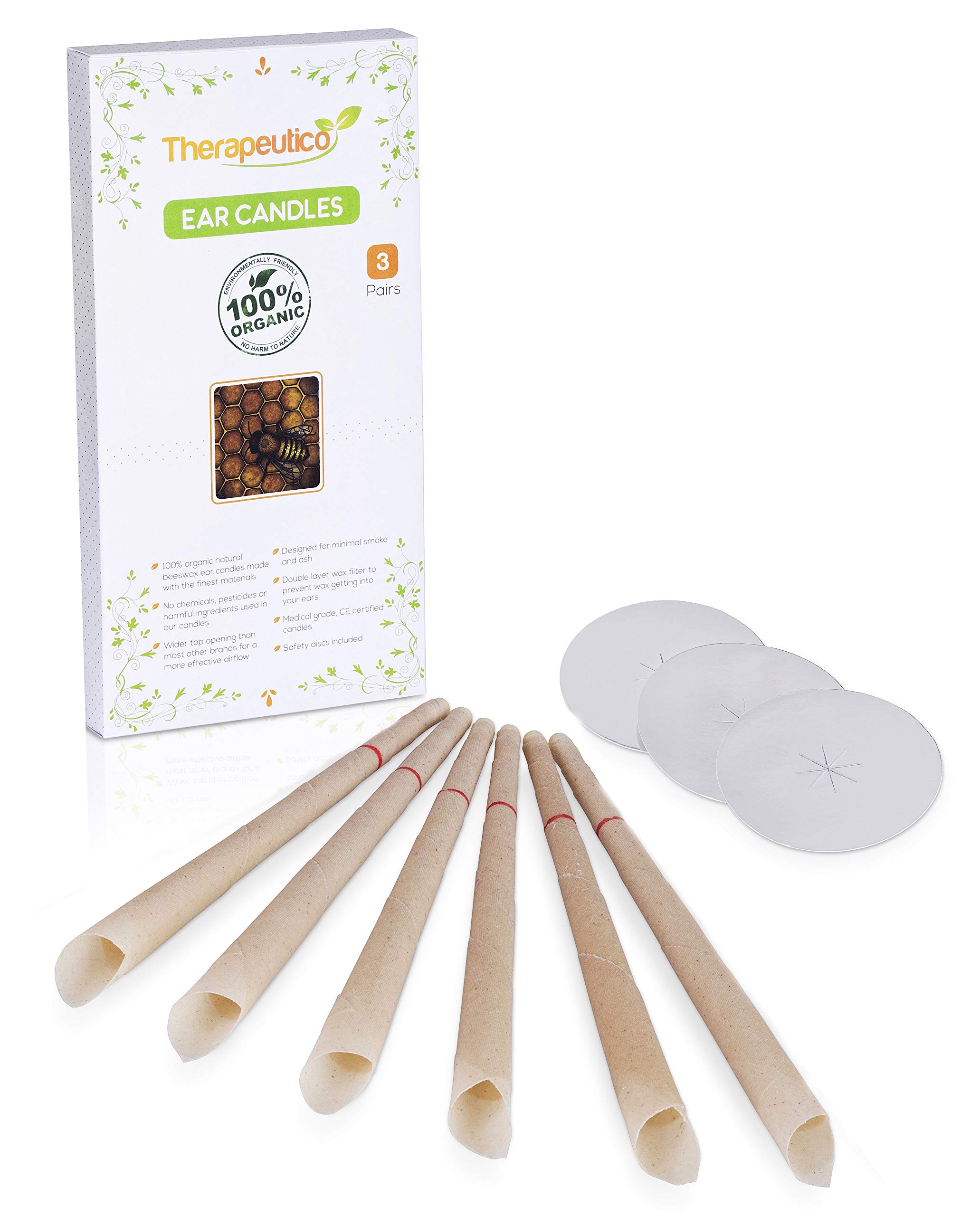 Therapeutico Natural Organic 100% Beeswax Hopi Ear Candles, 6 Hand-Crafted Candles, Medical Grade with Safety Disc and Double Wax Filter, Relaxing | Free Ebook |
