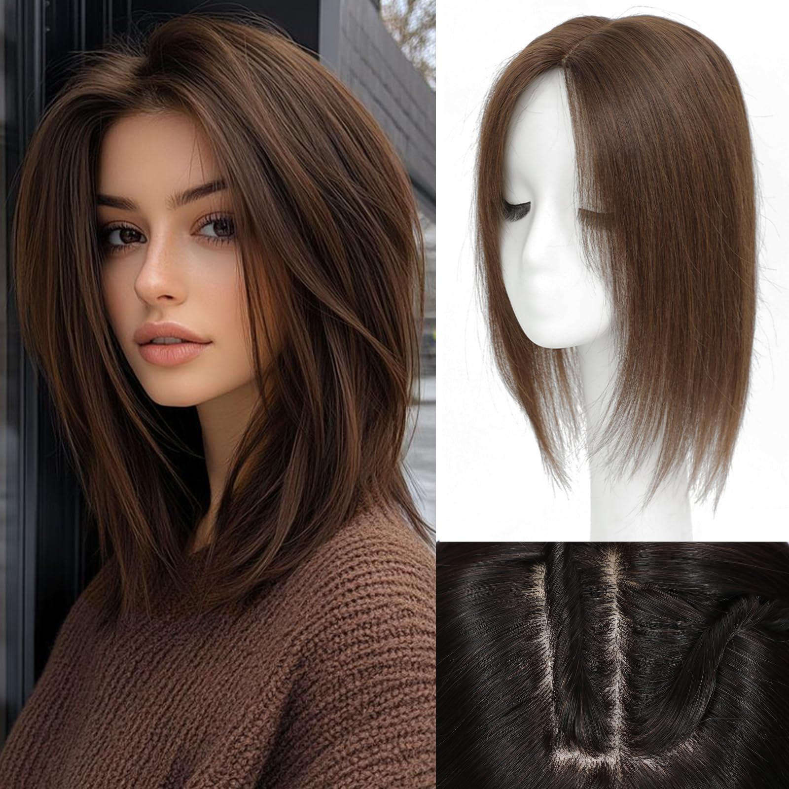 rootoo hair toppers for women real human hair, 14 inch realistic biological scalp topper hair pieces