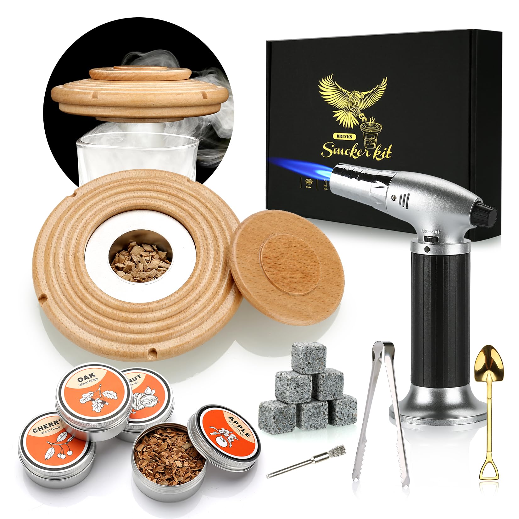 Cocktail Smoker Kit with Torch, Whiskey Smoker Drinks Kit, Old Fashioned Whisky Smoker with Whiskey Stones Gifts for Men, Husband, Dad (No Butane)-Beech