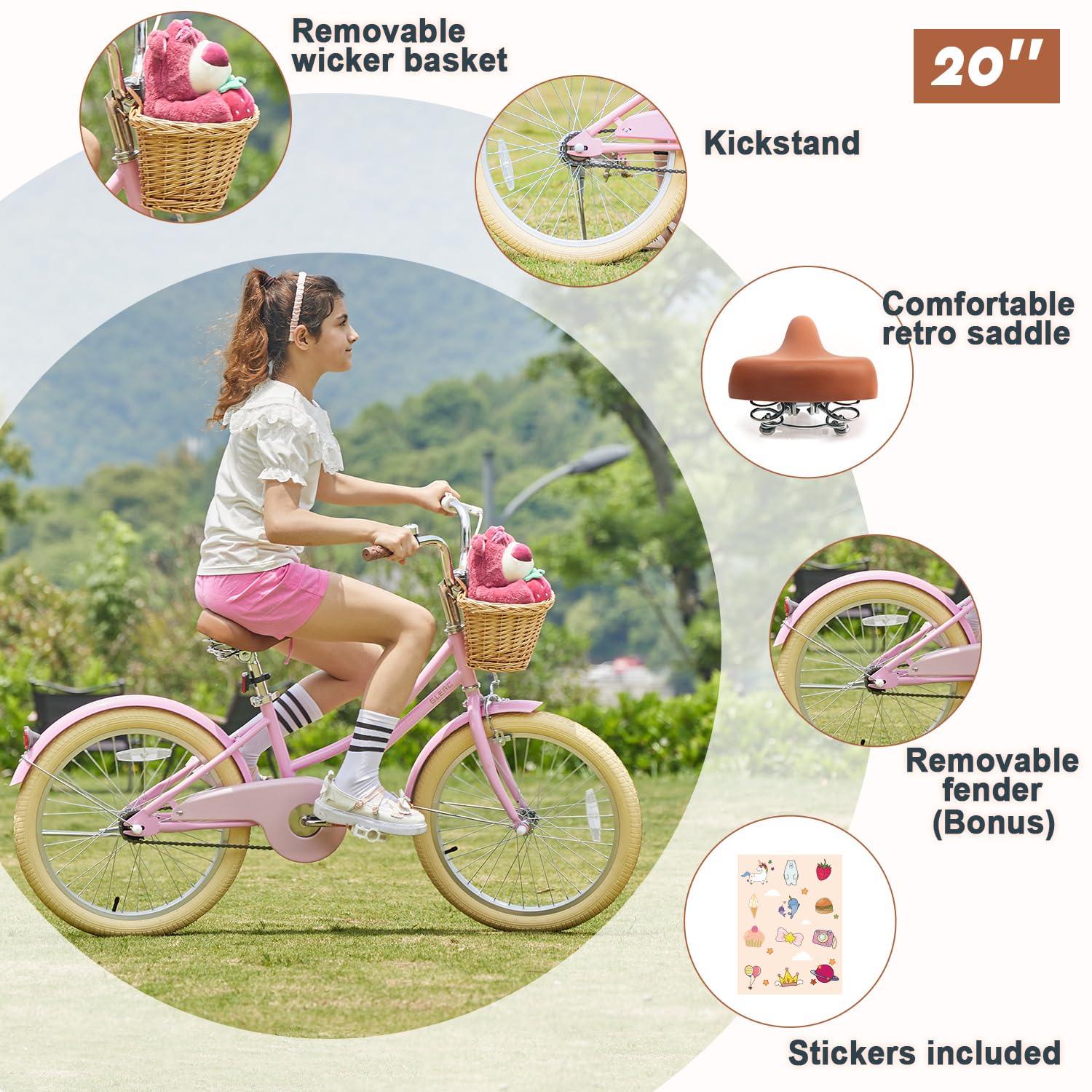 Glerc Little Molly 12-20 Inch Kids Retro Cruiser Bike for 2-13 Year Old with Wicker Basket & Training Wheels/Kickstand, Multiple Colors