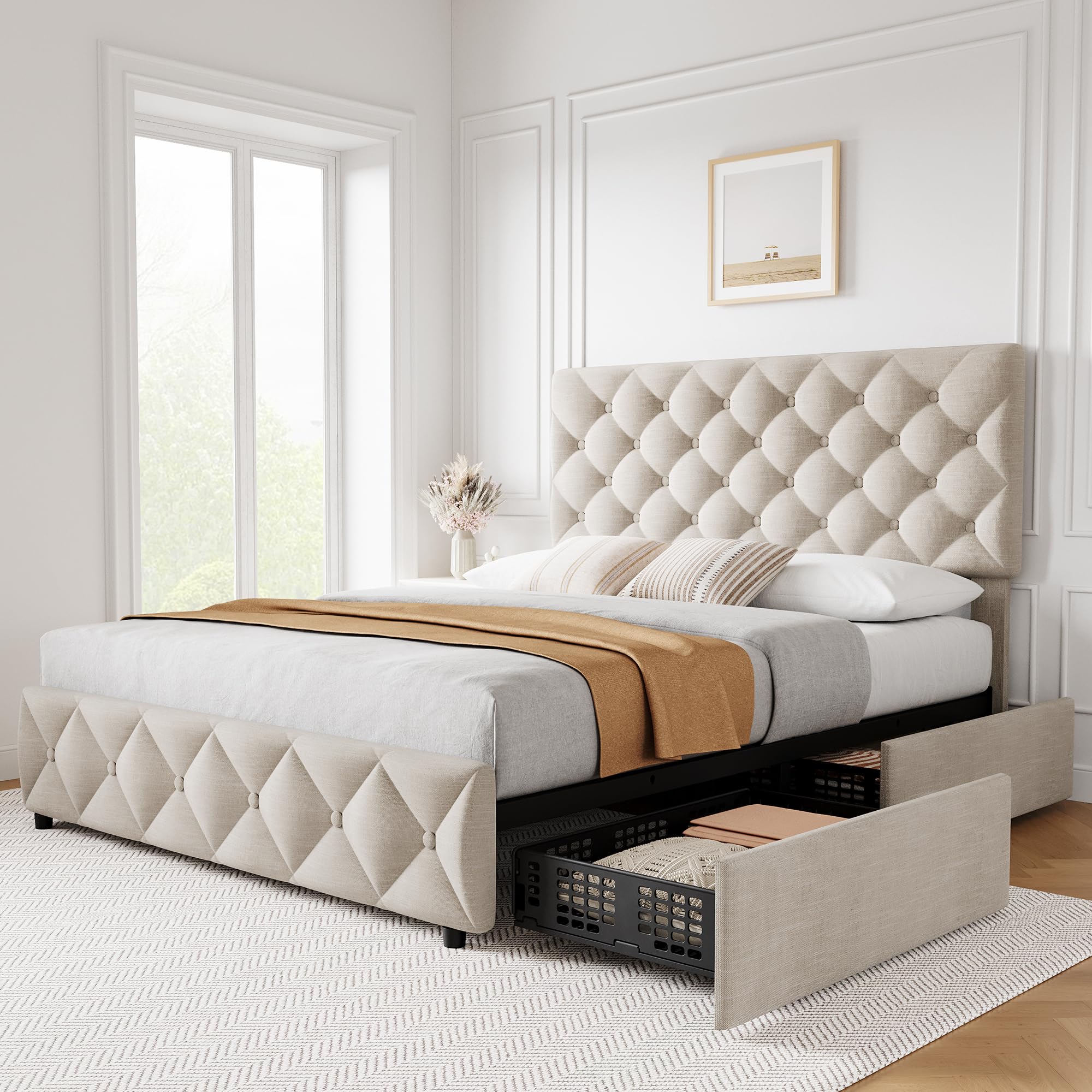 IDEALHOUSE Queen Size Bed Frame with 4 Storage Drawers and Adjustable ...