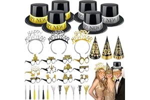 TURNMEON 2026 New Years Eve Party Supplies, 36 Pcs Happy New Year Party Supplies Kit Serve 12, Including 6 Top Hats 3 Cone Hats 3 Tiara 12 Glasses 12 Noise Makers Black Gold Silver NYE Decoration Party Favors