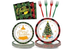 LONFLINESS 96 Pcs Christmas Paper Plates and Napkins Christmas Xmas Party Supplies Green Red Black Buffalo Plaid Christmas Tree Disposable Tableware Set Merry Christmas Themed Party Favors Holiday Winter Decor