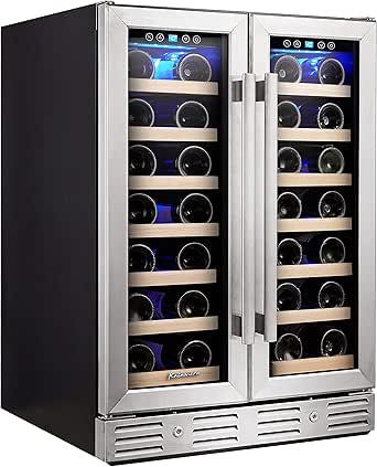 Kalamera Wine Cooler - Fit Perfectly into 24 inch Space Under Counter or Freestanding - Dual Zone - For Kitchen or Bar with Blue Interior Light and Temperature Memory Function