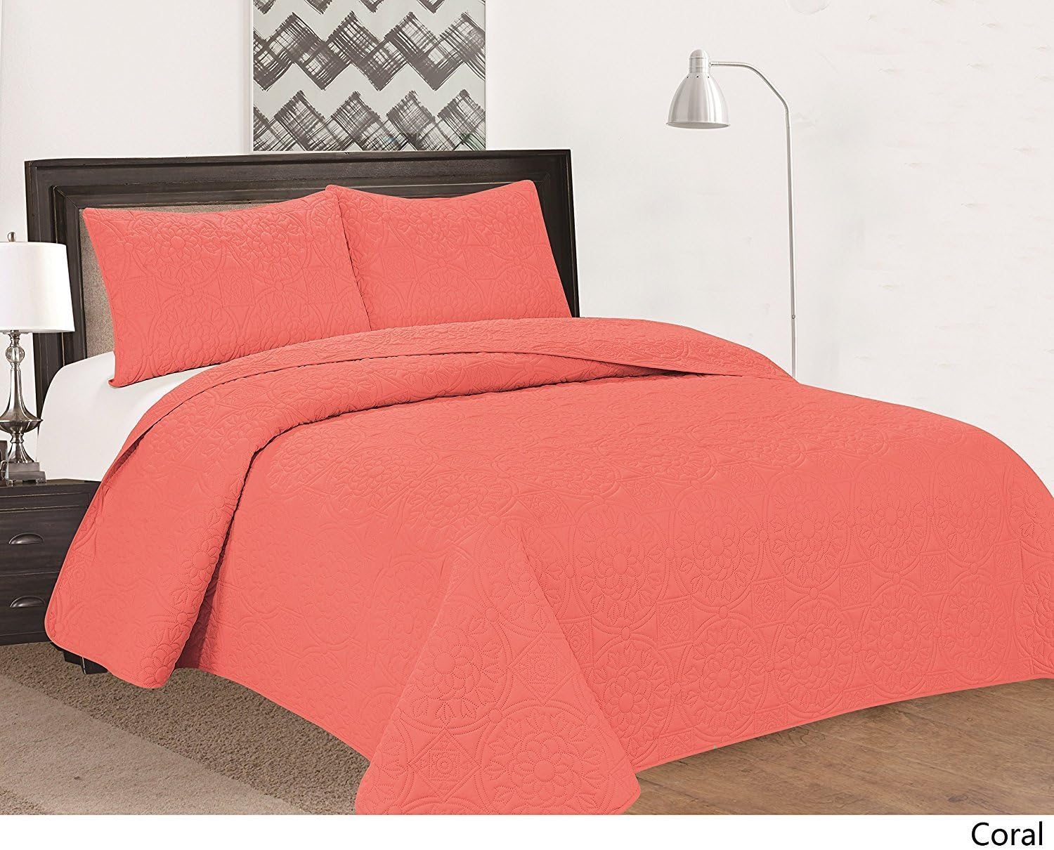Royal Home Decor 3-pc Bedspread Set with Medallion Pattern (Queen, Coral)