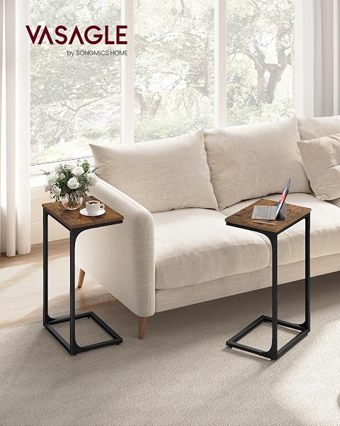 VASAGLE C-SHAPED END TABLE, SET OF 2, SIDE TABLE FOR SOFA, COUCH TABLE WITH METAL FRAME, SMALL TV TRAY TABLE FOR LIVING ROOM, BEDROOM, RUSTIC BROWN AND BLACK ULET355B01