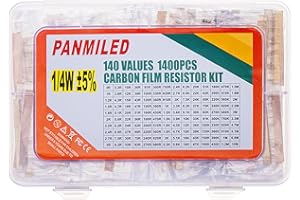 PANMILED 140 Values 1400 Pieces Resistors Assortment Kit 0 ohm-10M ohm, 1/4W 5% Carbon Film Resistor Combination Kit, 0.25 Watt Plug-in Resistor Element Packaging