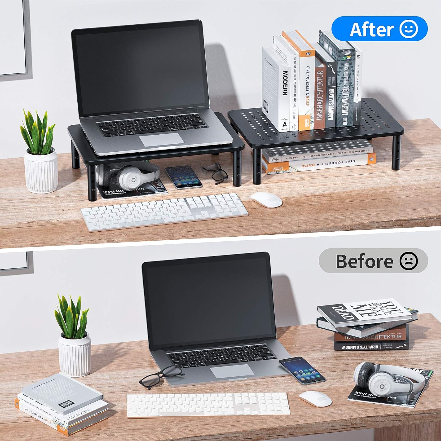 HUANUO 2-Pack Monitor Stand, 3 Height Adjustable Monitor Riser for Laptop Computer, iMac, PC, Printer - Image 3
