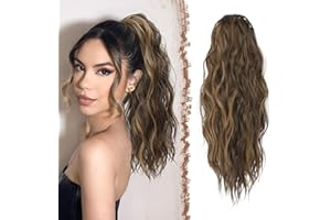 FESHFEN Ponytail Extensions - Drawstring Ponytails Hair Extension Long Curly Wavy Hair Piece Synthetic Pony Tail Hairpieces for Women, Black Brown Mix Golden Blond 18 inch