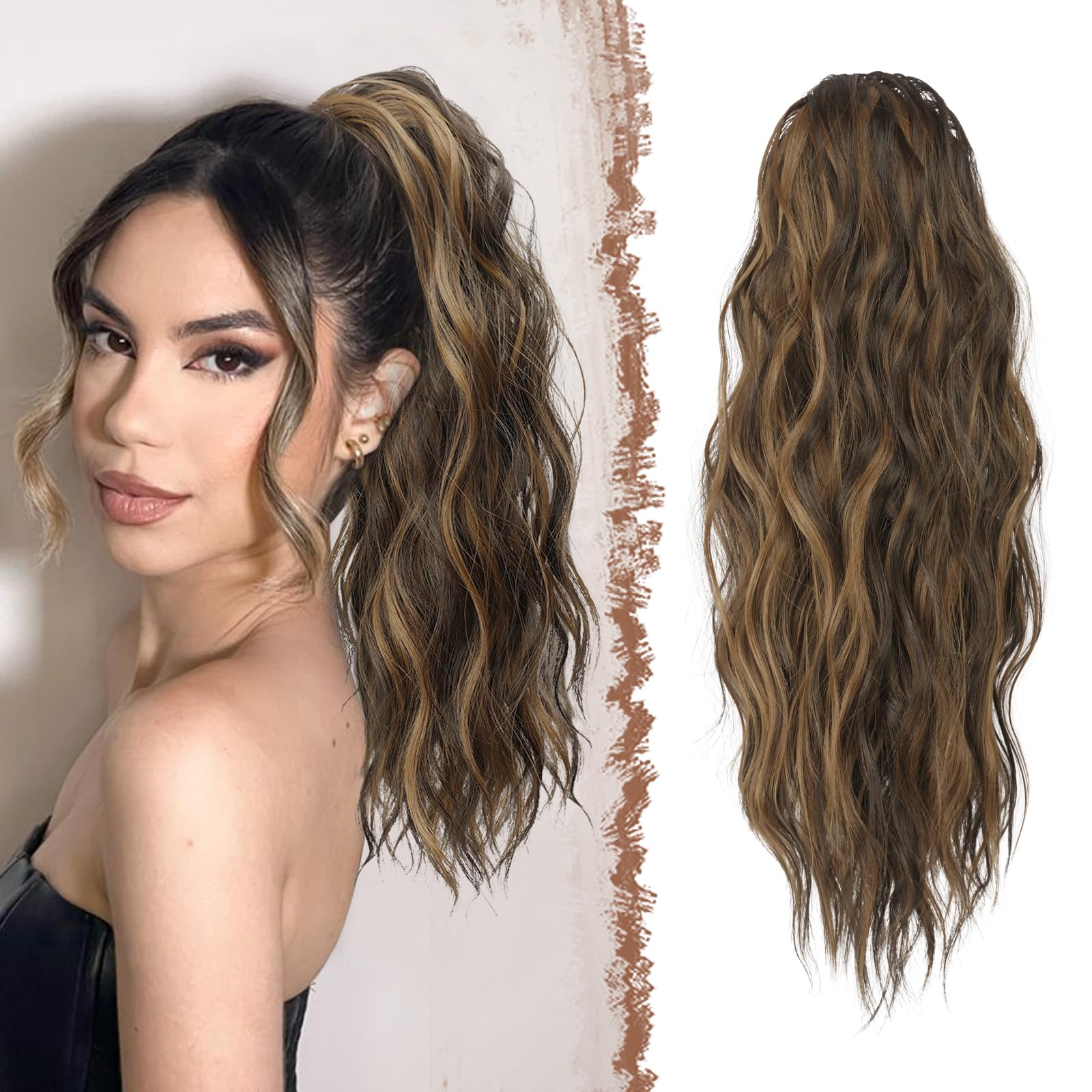 FESHFEN Ponytail Extensions, Drawstring Ponytails Hair Extension Black Brown Mix Golden Blond Long Curly Wavy Hair Piece Synthetic Pony Tail Hairpieces for Women, 18 inch