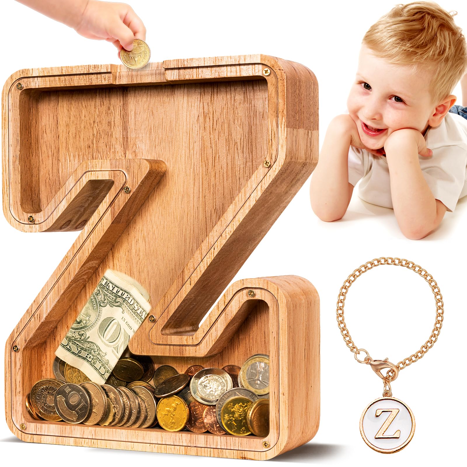 SummiDate Wooden Letter Money Box for Kids, Personalised Piggy Bank for Boys Girls Toddler, Alphabet Z Coin Money Bank for Birthday Children's Day Gift