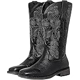 SheSole Wide Calf Cowboy Boots Women - Bold Cowgirl Western Square Toe, Hidden Stretch Panel & Cushioned Insole for Confident Fit