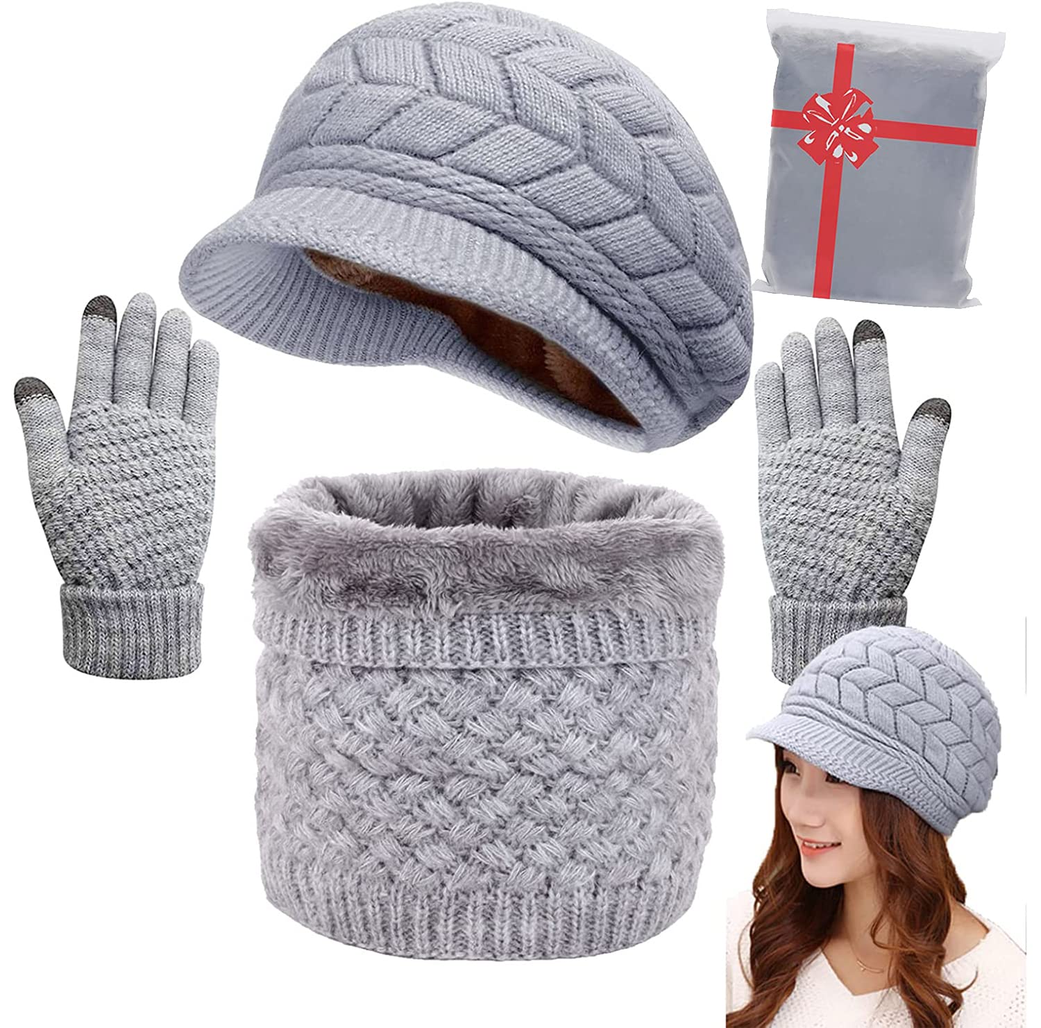 CheChury Winter Hat Scarf and Gloves Set Knitted Warm Neck Warmer Touchscreen Gloves and Berets for Women Winter Outdoor Sports Set,Grey,One size