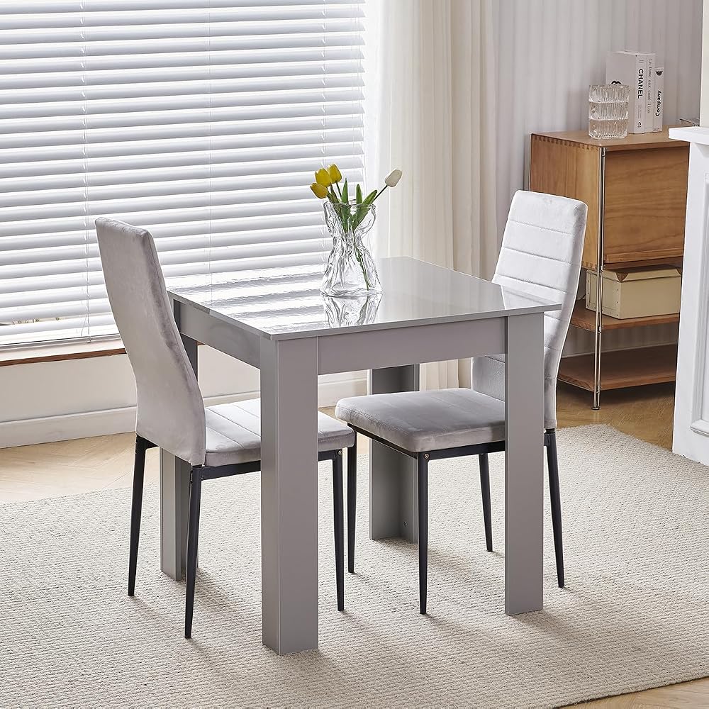 NICEME Compact Dining Table Set with 2 Chairs - Gray High Gloss 75x75 cm
