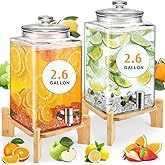 FillTouch 2 Pack 2.6 Gallon Glass Drink Dispensers for Parties Large Water Beverage Dispenser with Wooden Stand and Stainless Steel Spigot Glass Lid for Wedding, Valentine, Lemonade, Juice, Iced Tea