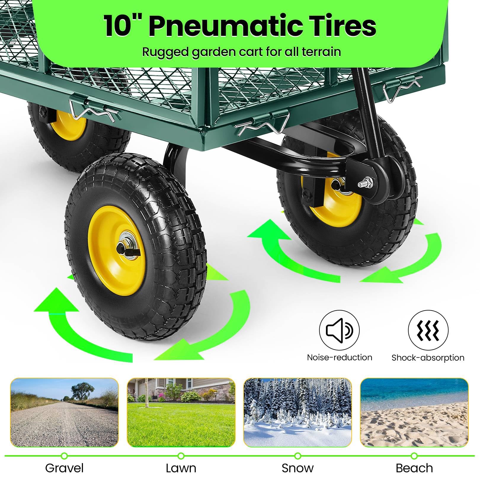 TEANDE 680Lb Garden Cart with Removable Mesh Sides to Convert into Flatbed, Utility Metal Wagon with 180° Rotating Handle, 10 inch Tires, Portable for Yard, Farm, Beach (Green, Without Oxford Cloth)